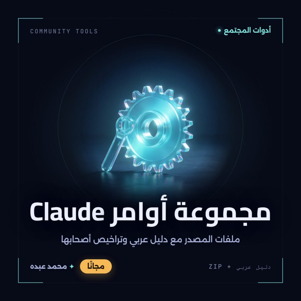 غلاف مجموعة أوامر Claude من أدوات المجتمع، مع دليل عربي في مكتبة محمد عبده.