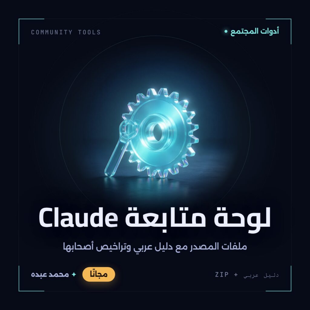 غلاف لوحة متابعة Claude من أدوات المجتمع، مع دليل عربي في مكتبة محمد عبده.