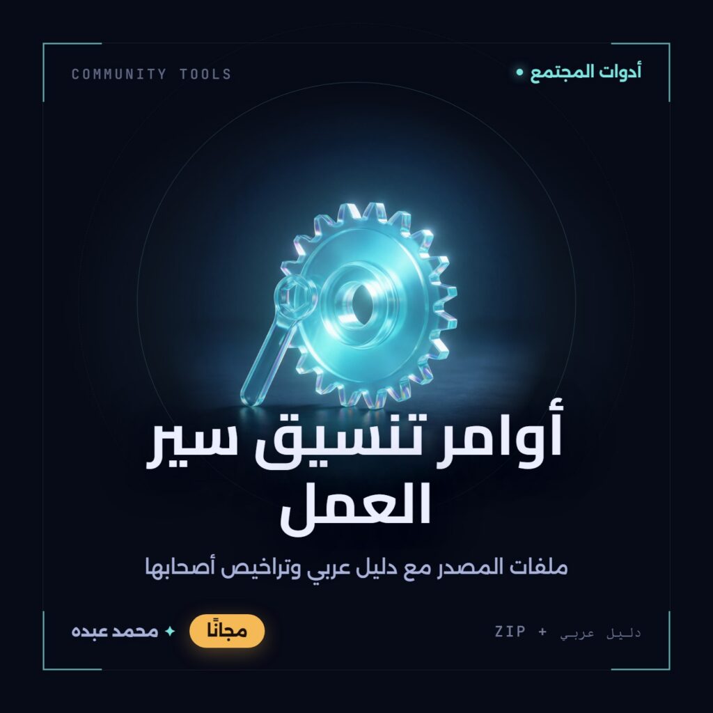 غلاف أوامر تنسيق سير العمل من أدوات المجتمع، مع دليل عربي في مكتبة محمد عبده.