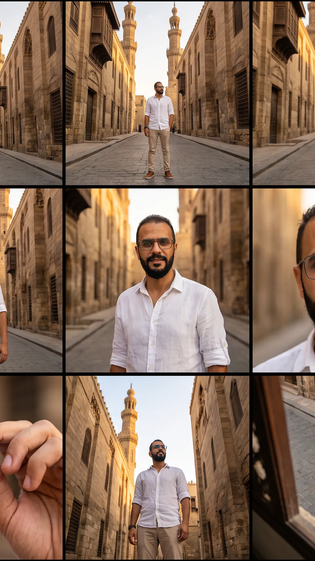ثلاث لقطات لي بقميص أبيض ونظارة في شارع المعز، بطولي كاملًا ثم عن قرب ثم من زاوية منخفضة أمام مئذنة
