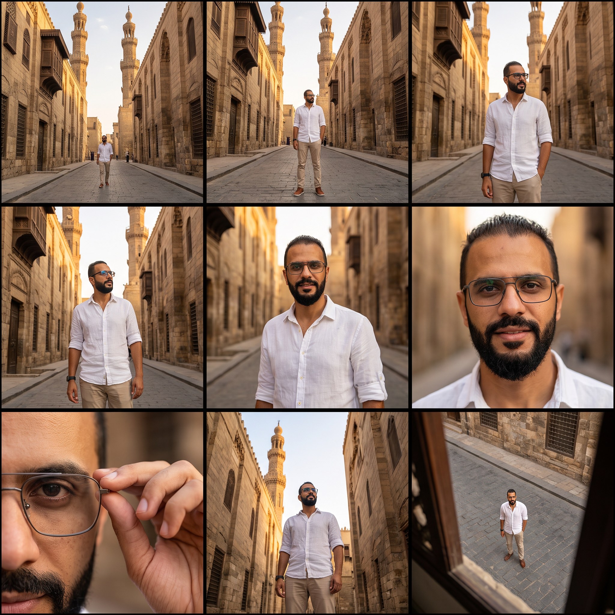 ثلاث لقطات لي بقميص أبيض ونظارة في شارع المعز، بطولي كاملًا ثم عن قرب ثم من زاوية منخفضة أمام مئذنة