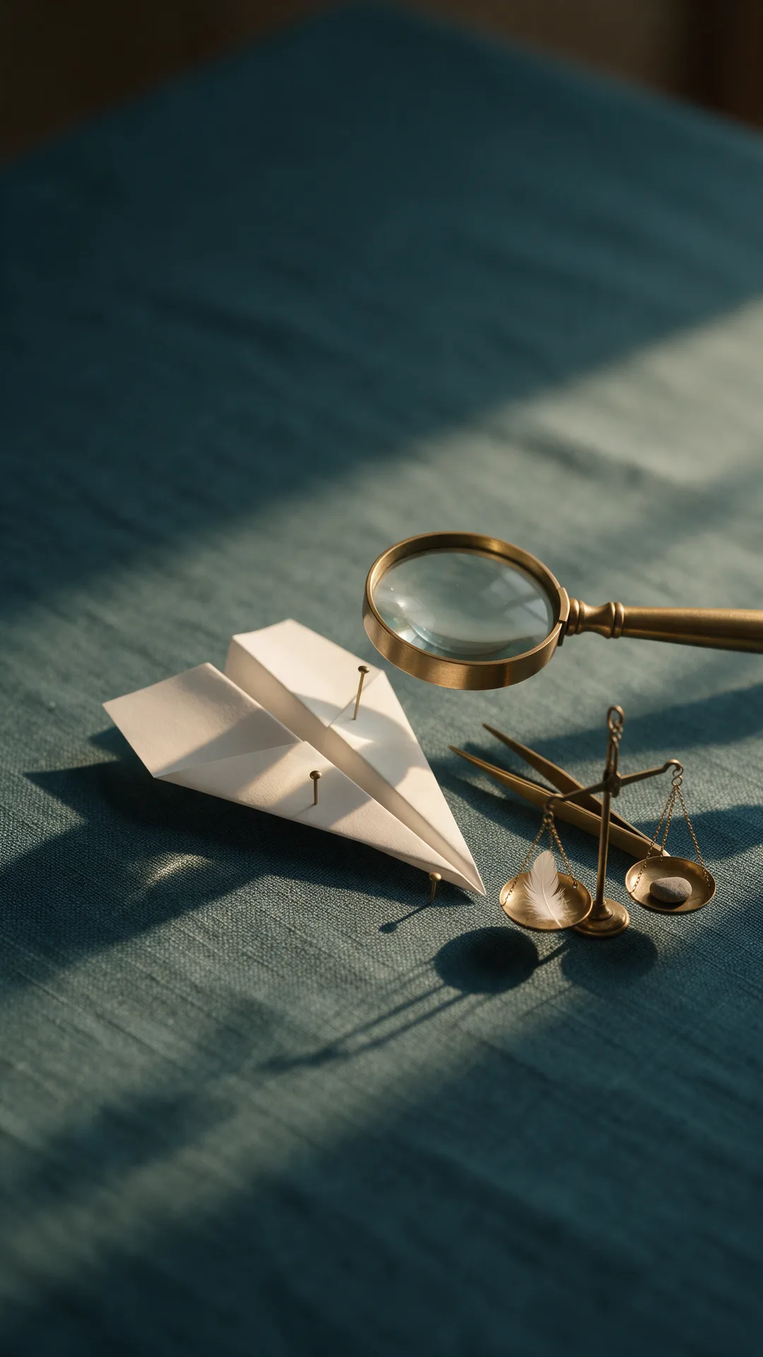 طائرة ورقية بيضاء مثبّتة بدبابيس نحاسية على قماش أزرق مخضر، وبجوارها عدسة مكبّرة نحاسية وملقط وميزان صغير في كفّتيه ريشة بيضاء وحجر