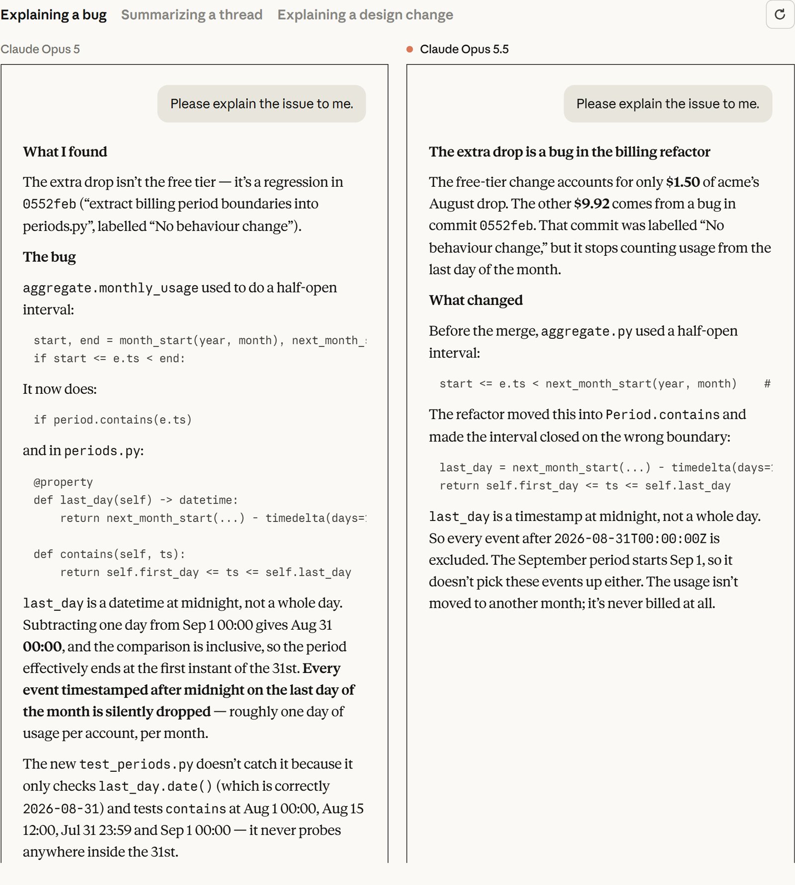 Anthropic's side-by-side comparison of Claude Opus 5 and Claude Opus 5.5 explaining the same billing bug; the Opus 5.5 answer is shorter and states the cause first