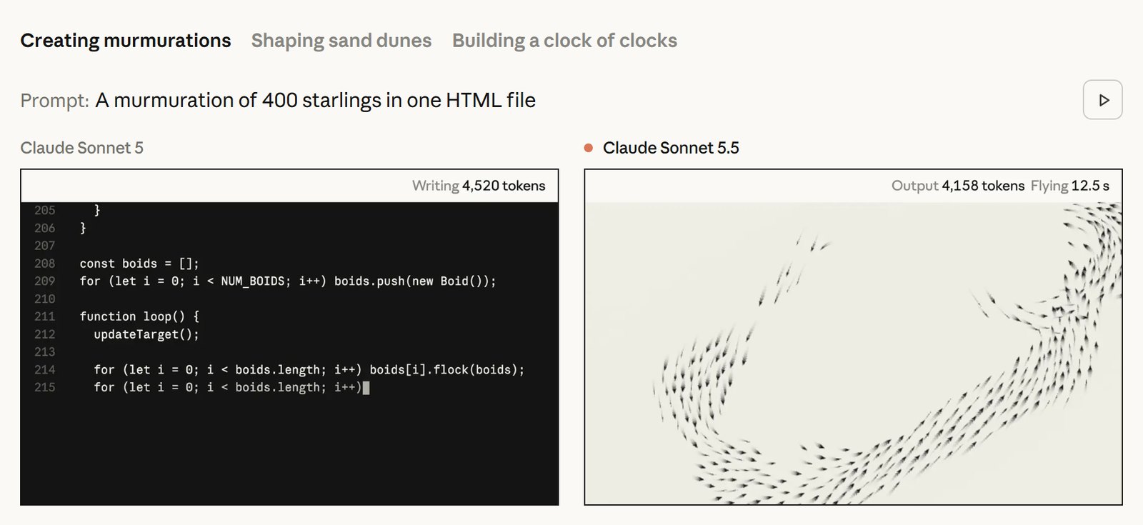 Anthropic's side-by-side demo: Claude Sonnet 5 is still writing its starling simulation at 4,520 tokens while Claude Sonnet 5.5 has finished at 4,158 output tokens and its flock has been flying for 12.5 seconds