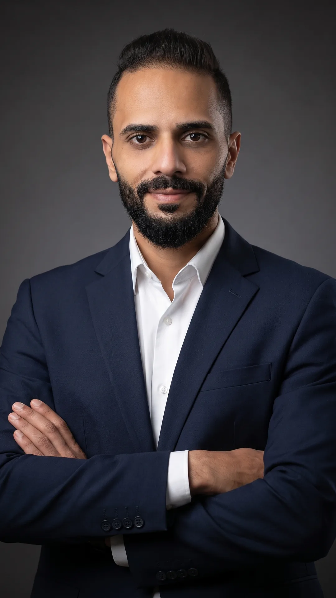 رجل ملتحٍ ببدلة كحلية وقميص أبيض يعقد ذراعيه ويبتسم ابتسامة خفيفة أمام خلفية استوديو رمادية داكنة