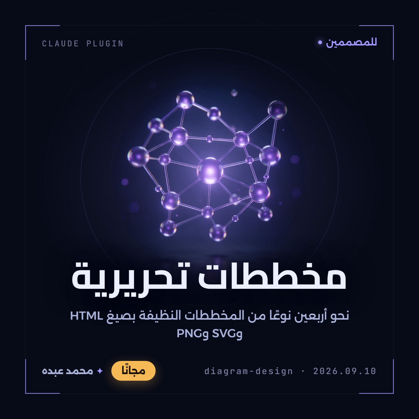 كرات زجاجية بنفسجية متوهجة تصل بينها قضبان زجاجية في شبكة على خلفية داكنة
