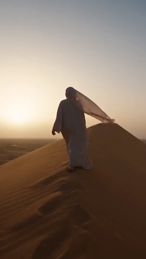 امرأة بعباءة فاتحة تمشي على قمة كثيب رملي وقت الشروق، ووشاحها يتطاير في الهواء