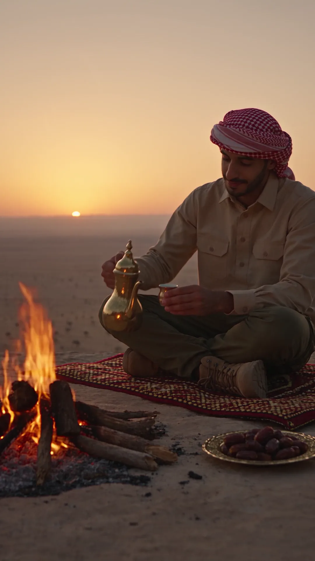 شاب بشماغ أحمر يصبّ القهوة العربية من دلّة نحاسية بجوار نار صغيرة وقت الغروب فوق هضبة صحراوية