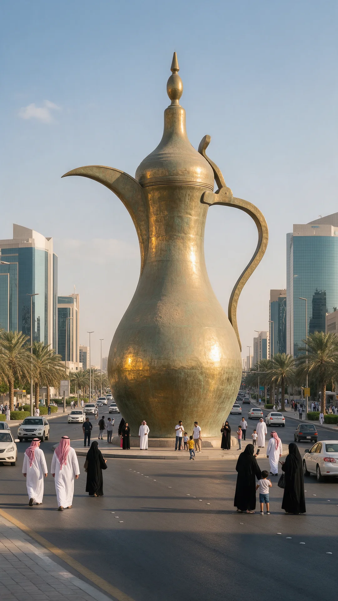دلّة قهوة نحاسية عملاقة عليها طبقة خضراء خفيفة، تقف على قاعدة دائرية وسط شارع تحفّه أبراج زجاجية ونخيل، ورجال بالثياب البيضاء ونساء بالعباءات يمشون حولها