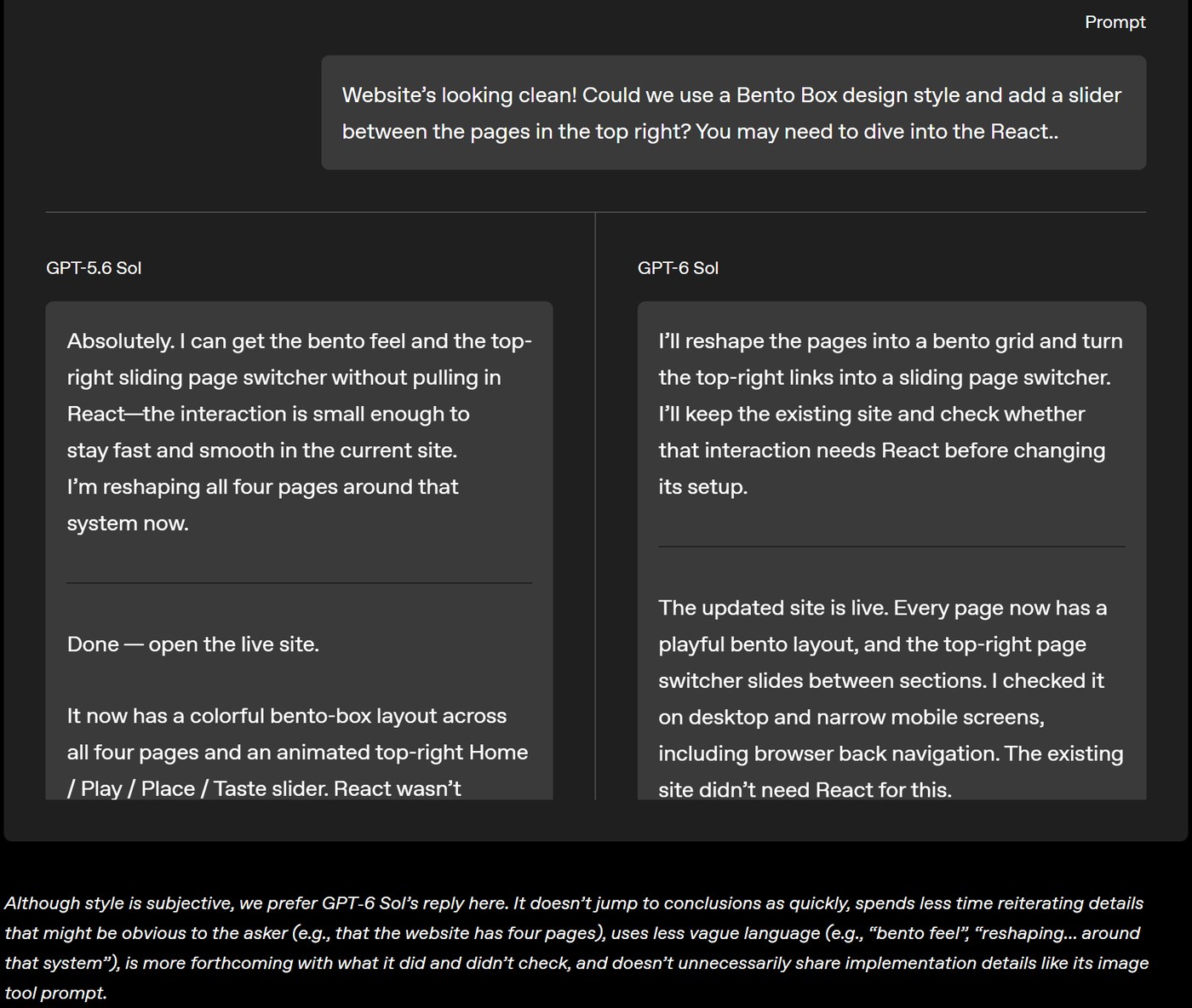 OpenAI's side-by-side of GPT-5.6 Sol and GPT-6 Sol answering the same website redesign request