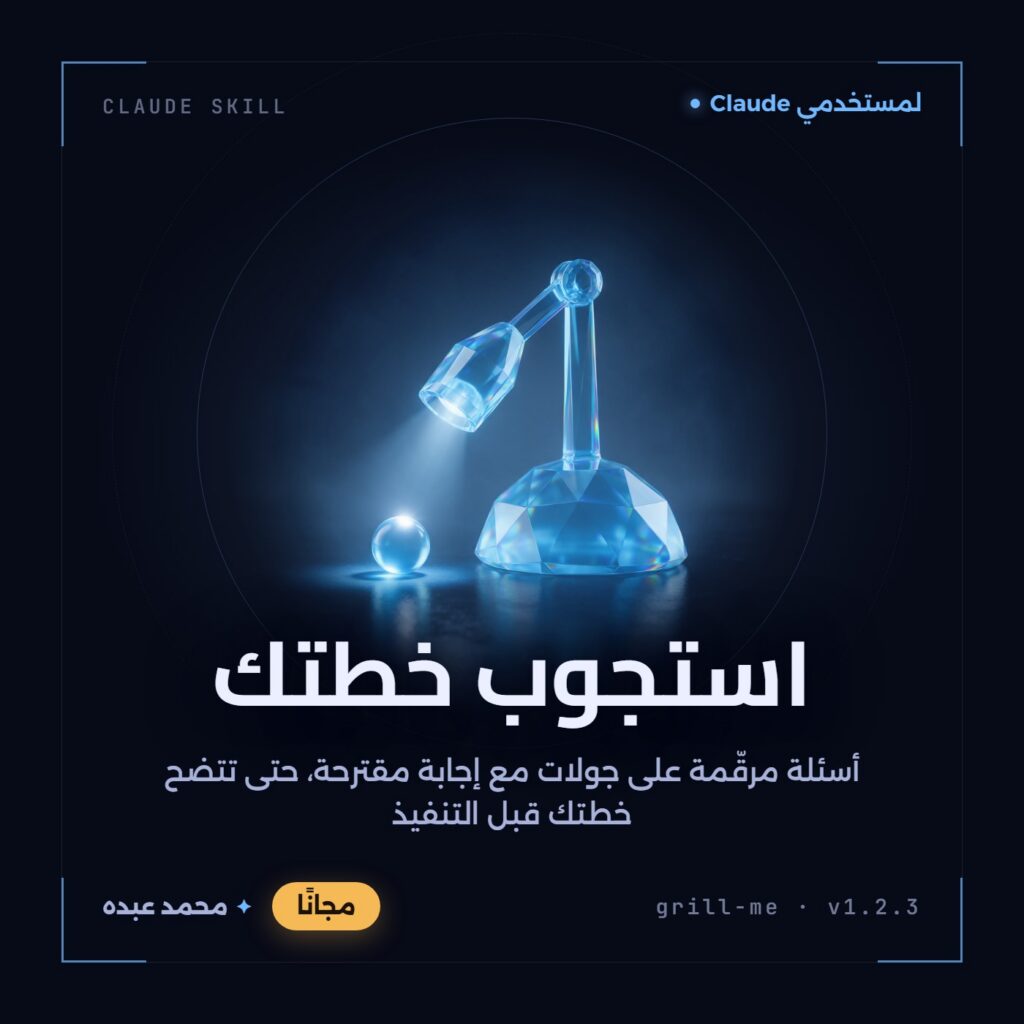 مصباح استجواب زجاجي أزرق بقاعدة كريستالية مضلّعة يسلّط شعاعه على كرة زجاجية صغيرة متوهجة، فوق سطح داكن عاكس