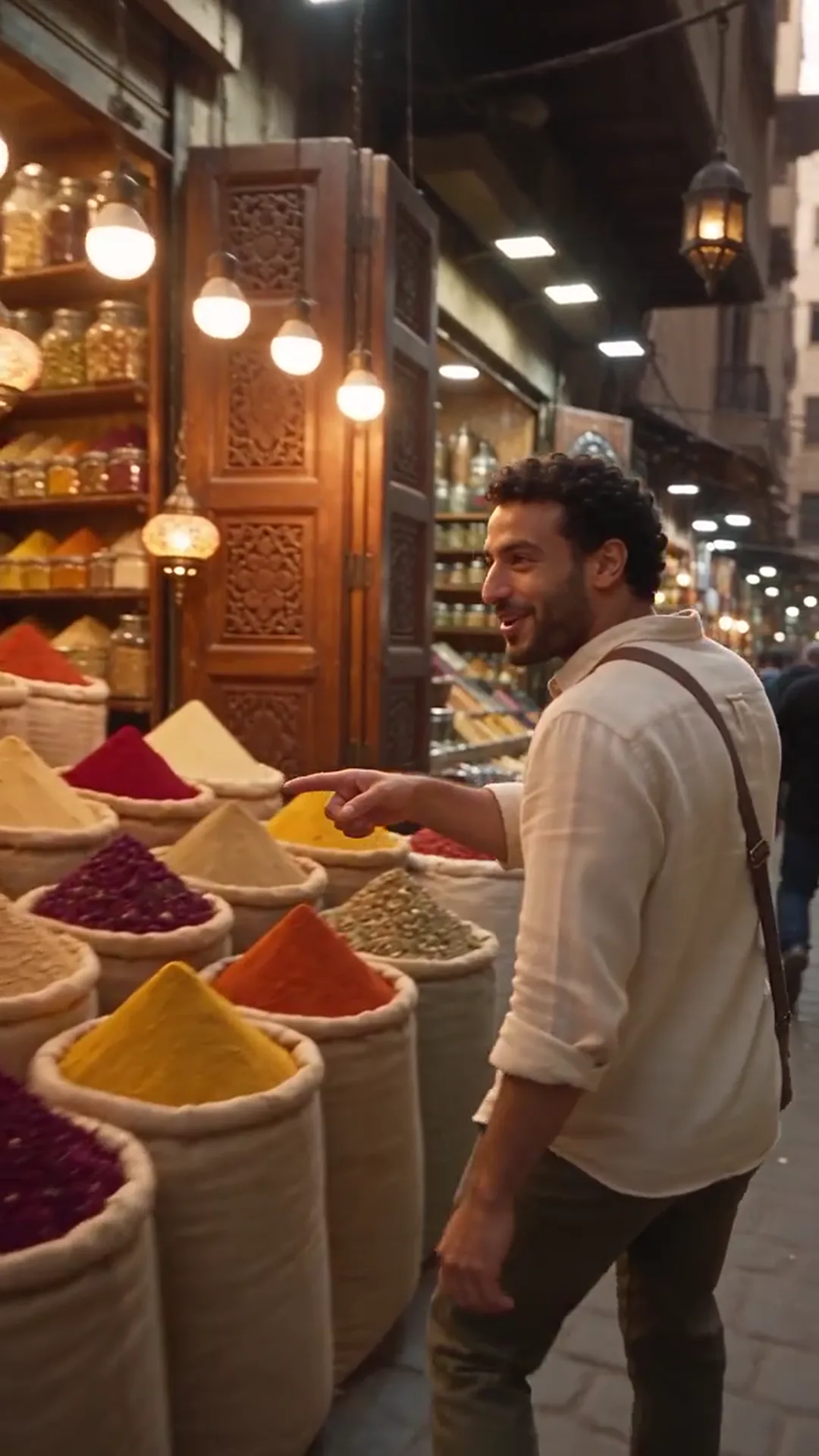 شاب مصري بقميص كتان فاتح يبتسم ويشير إلى أجولة التوابل الملوّنة في أحد ممرات خان الخليلي، وفوقه مصابيح مضيئة