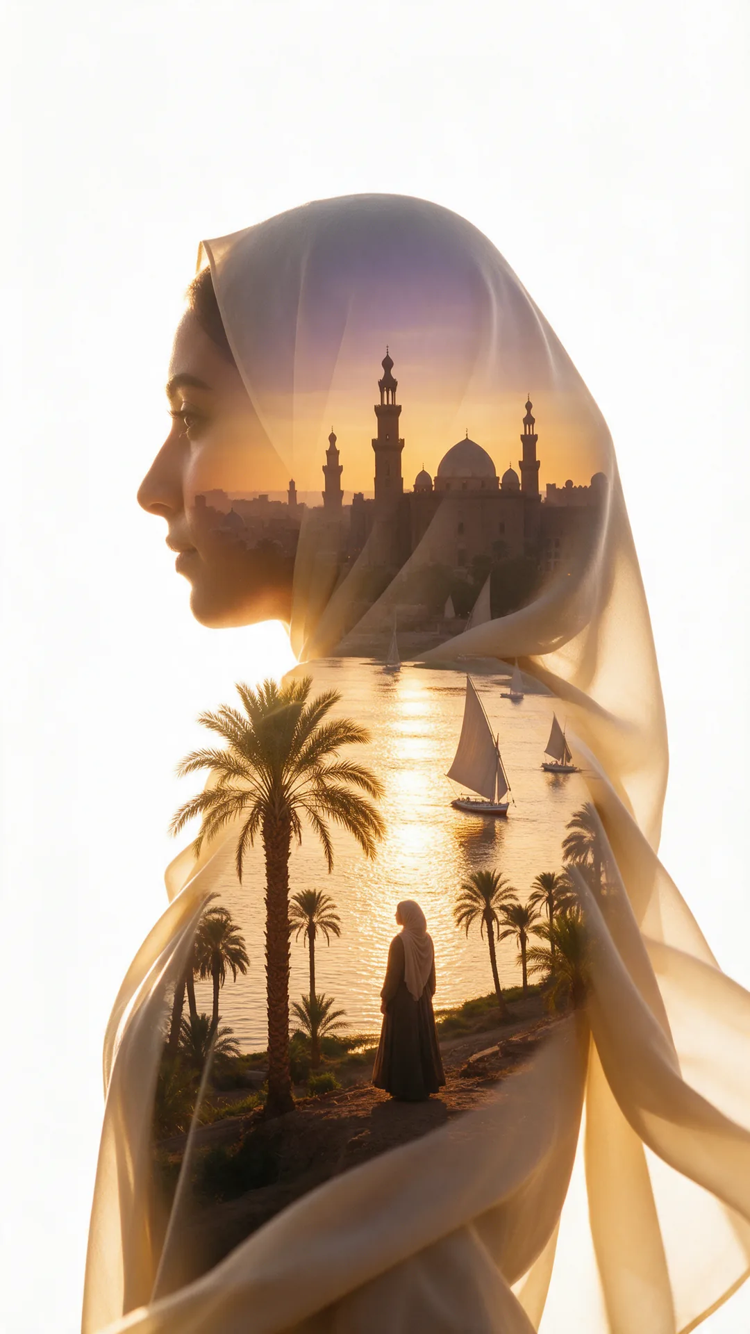 وجه امرأة من الجانب بحجاب شفاف، يمتلئ رأسها وكتفاها بمشهد النيل وقت الغروب، بمسجد ذي قبة ومآذن ومراكب شراعية ونخيل، وامرأة صغيرة تقف على الضفة