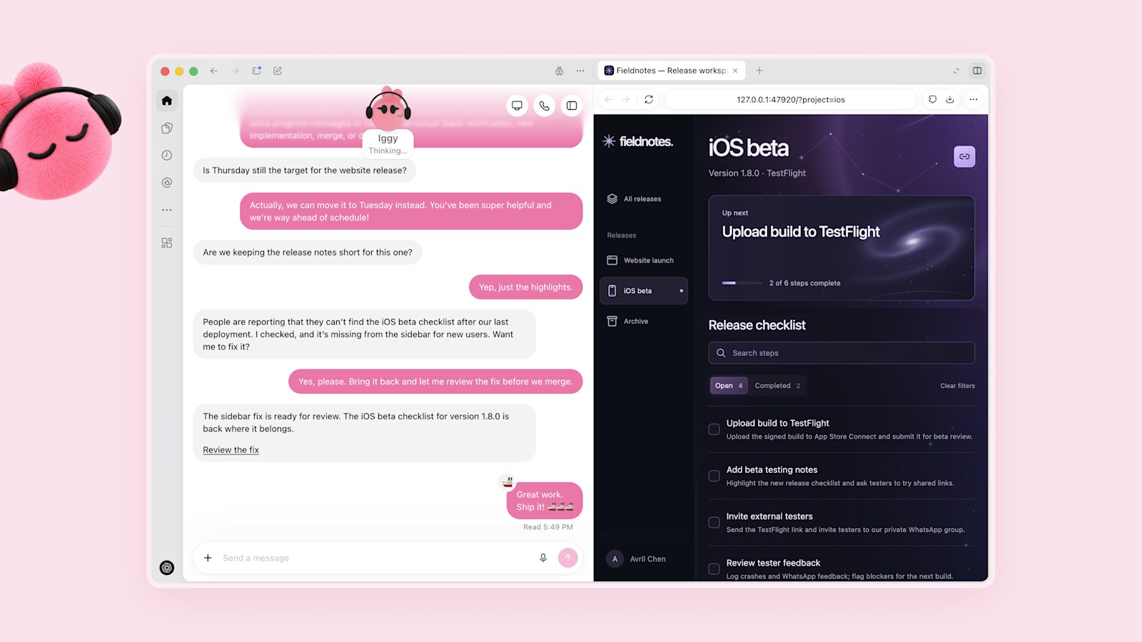 شاشة من إعلان OpenAI عن dots: محادثة مع dot اسمها Iggy على اليسار، وقائمة مهام إصدار تطبيق iOS على اليمين