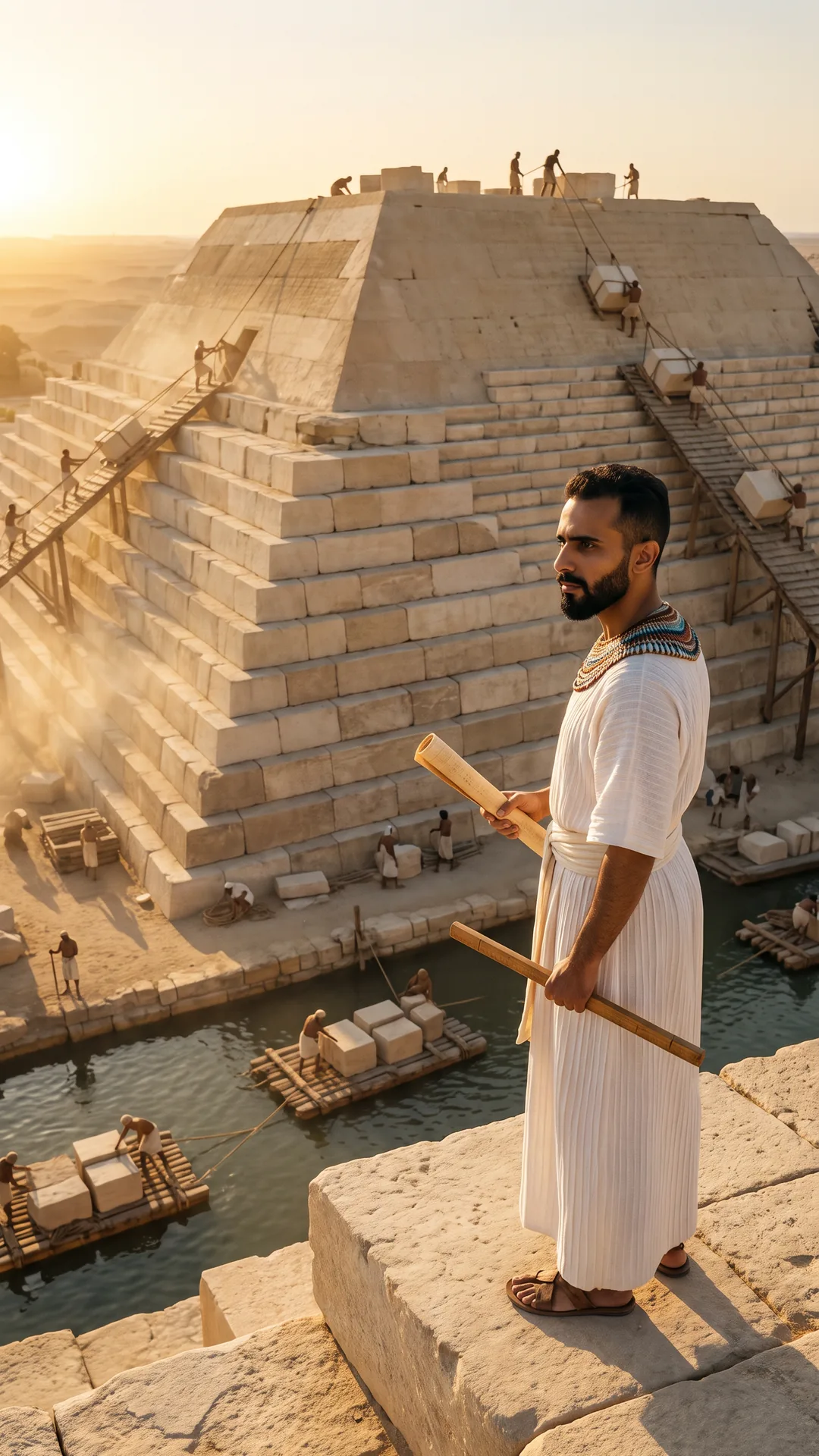 رجل ملتحٍ بثوب كتاني أبيض وقلادة عريضة ملوّنة يقف على منصة حجرية ويمسك لفافة بردي وعصا قياس، وخلفه هرم نصف مبني وعمّال ينقلون الكتل وقت الغروب