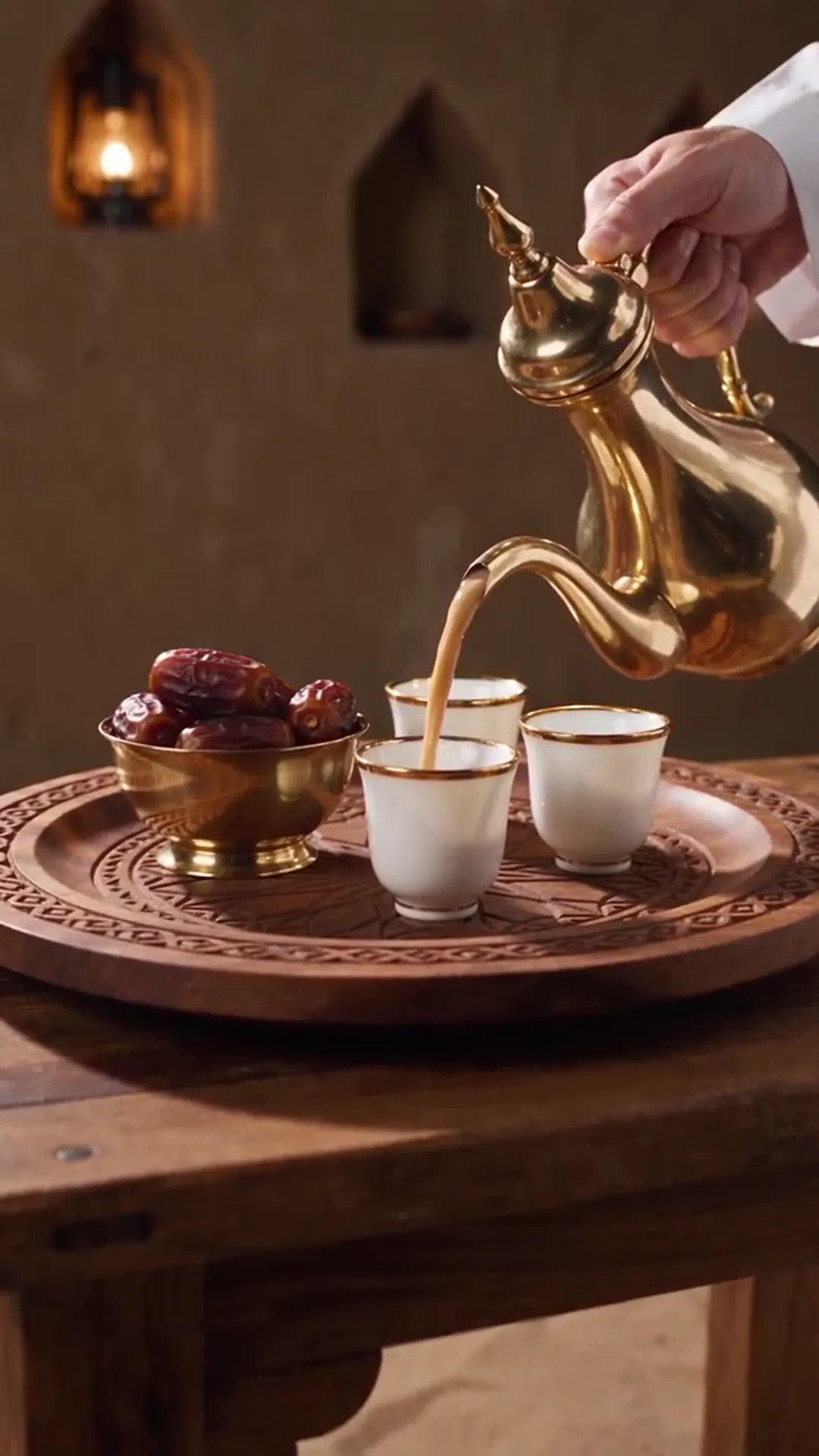 يد بكمّ أبيض تصبّ القهوة من دلّة نحاسية في فنجان أبيض بلا مقبض، بجوار وعاء تمر على صينية خشبية منقوشة