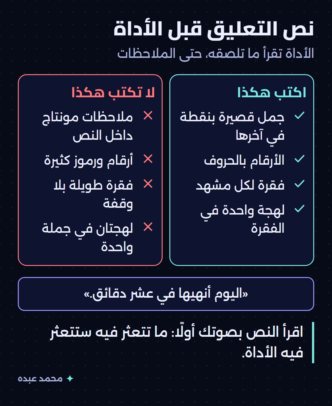 قائمتان تقارنان ما ينفع في نص التعليق الصوتي وما يفسده: جمل قصيرة وأرقام بالحروف مقابل الملاحظات والرموز