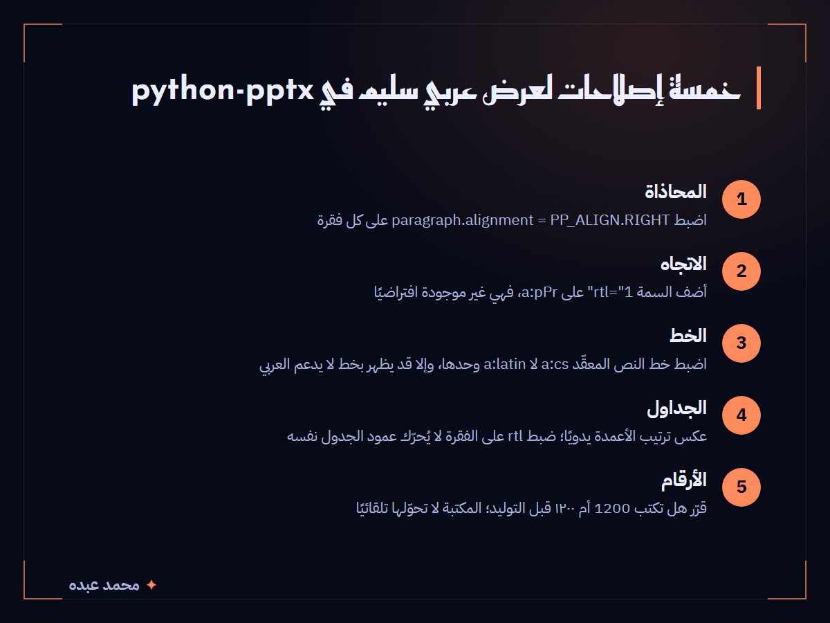 خمسة إصلاحات لعرض عربي سليم في python-pptx: المحاذاة والاتجاه والخط والجداول والأرقام