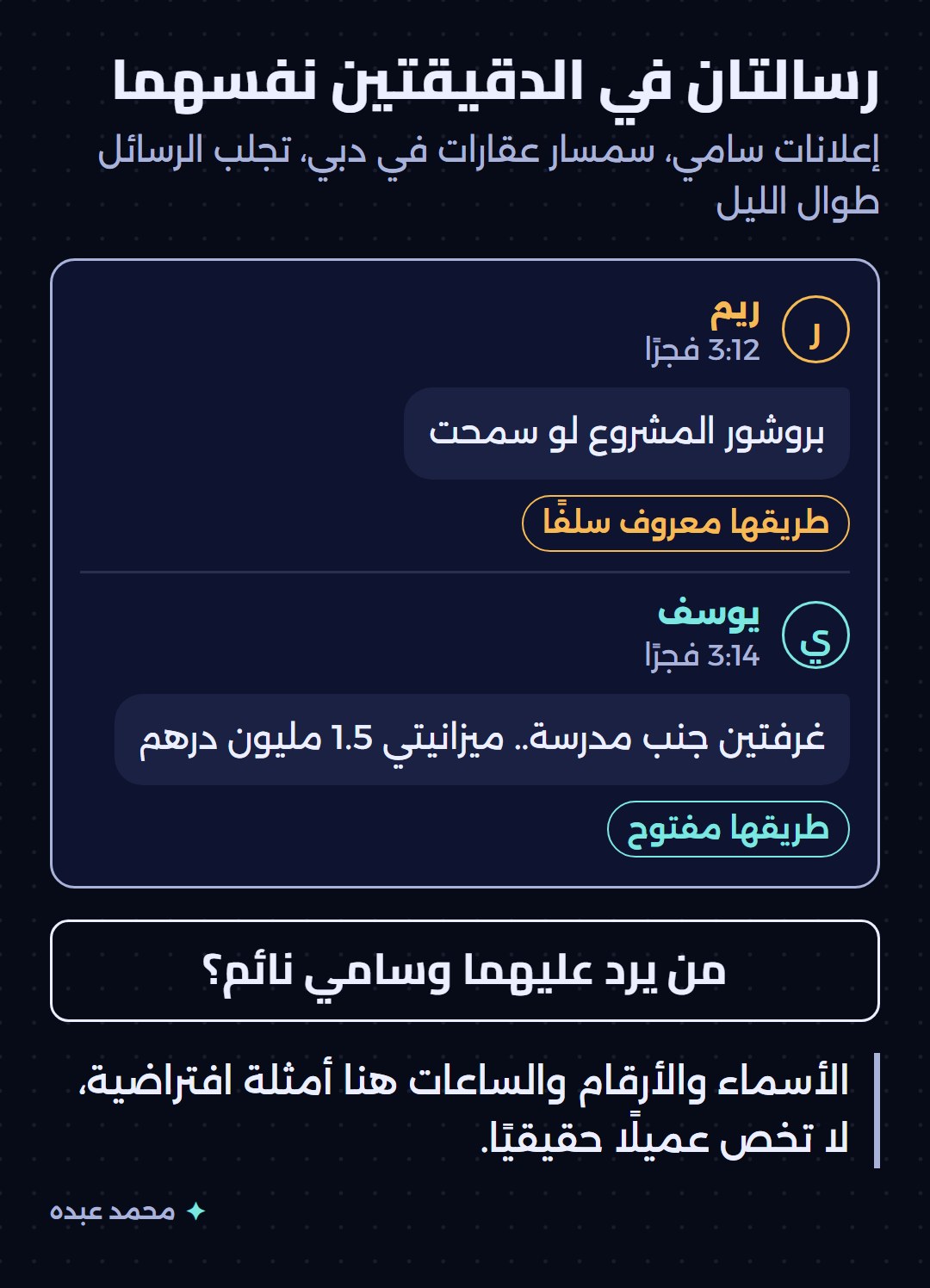 رسالتان وصلتا إلى سامي في الدقيقتين نفسهما: ريم تطلب بروشور المشروع وطريقها معروف سلفًا، ويوسف يطلب غرفتين قرب مدرسة بميزانية محددة وطريقه مفتوح