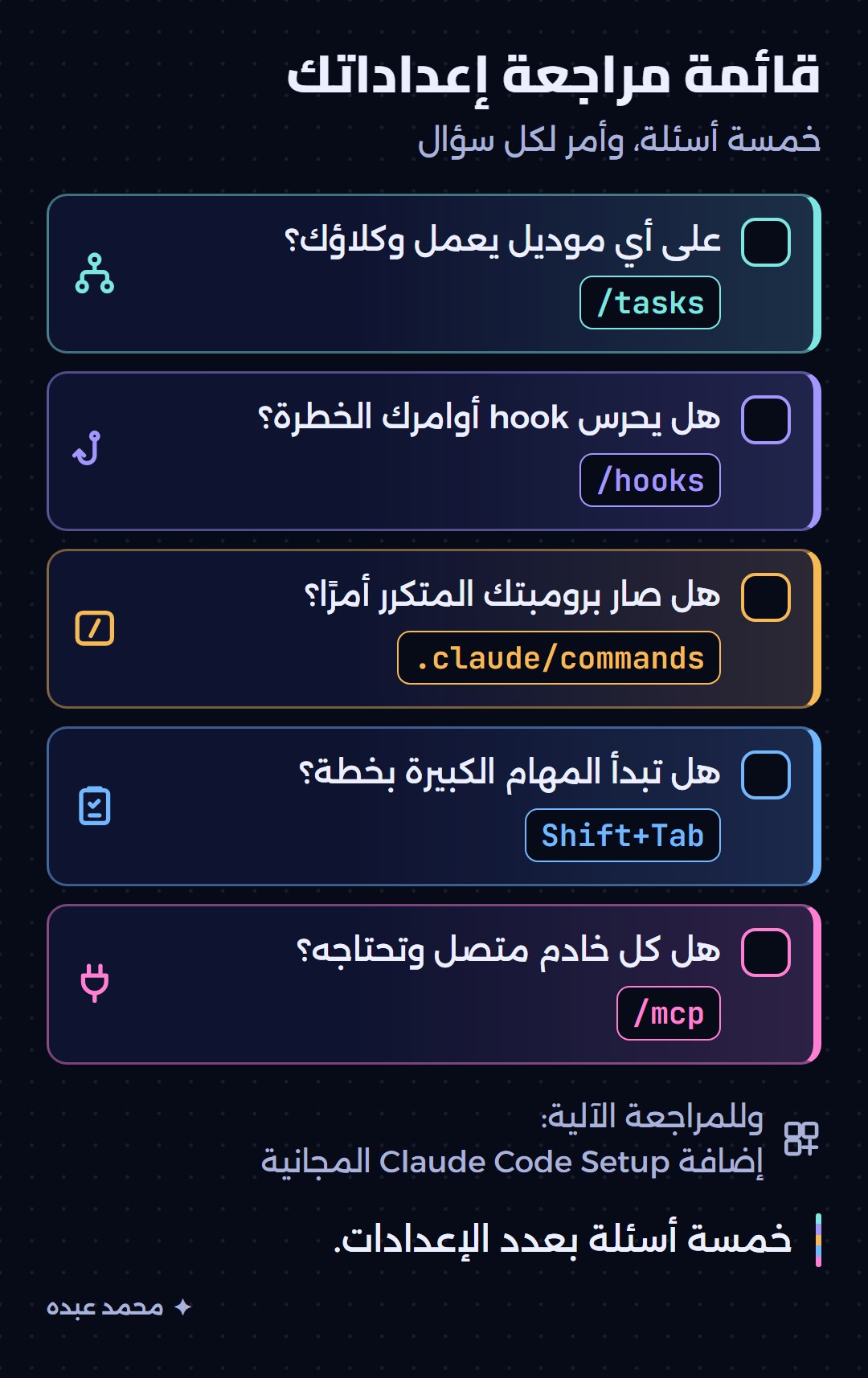 قائمة مراجعة من خمسة أسئلة لفحص إعدادات Claude Code