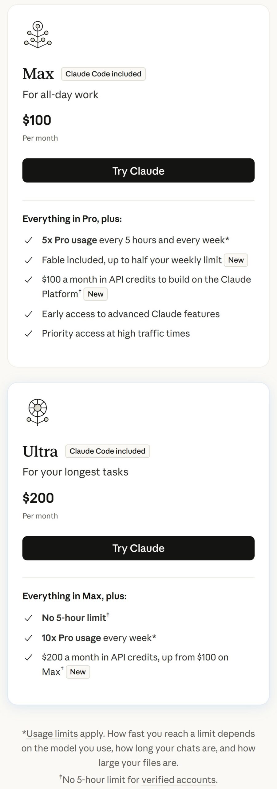 Screenshot of Anthropic's official pricing page showing the Max card at $100 and the Ultra card at $200, with the footnote that the 5-hour limit is removed for verified accounts