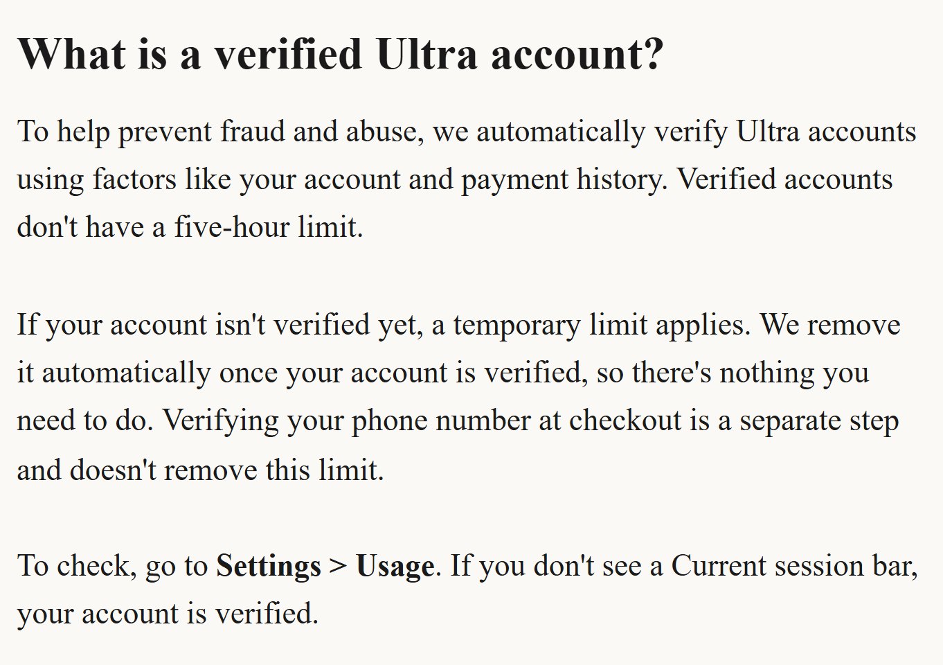 The Ultra plan help page section that explains what a verified Ultra account is and how to check it in Settings > Usage