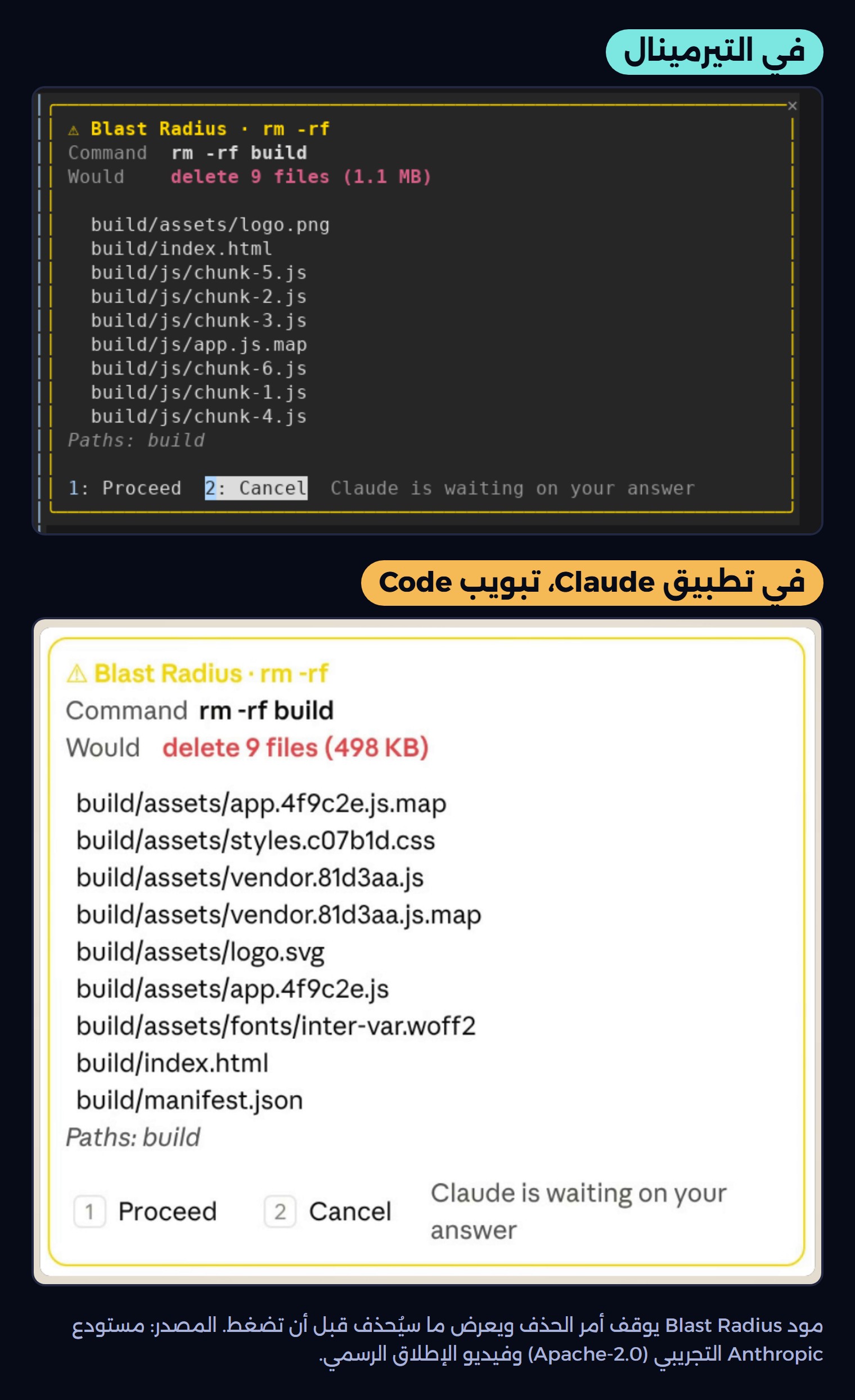 Blast Radius يوقف rm -rf build ويعرض الملفات التسعة، في التيرمينال وفي التطبيق