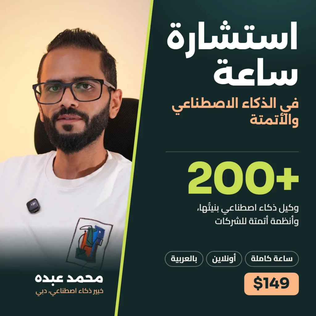 غلاف استشارة ساعة في الذكاء الاصطناعي والأتمتة مع محمد عبده: أكثر من 200 وكيل ذكاء اصطناعي، ساعة كاملة أونلاين بالعربية، 149 دولارًا