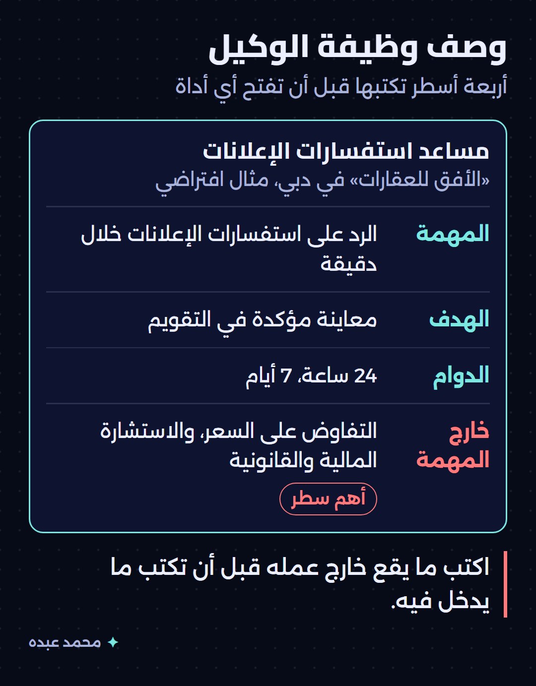 بطاقة وصف وظيفة وكيل سامي: المهمة والهدف والدوام، وسطر خارج المهمة مميز بالأحمر لأنه أهم سطر