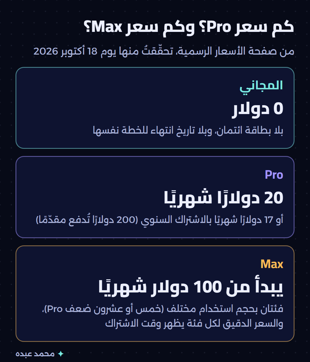 أسعار خطط Pro وMax بالدولار، من صفحة الأسعار الرسمية بتاريخ 18 أكتوبر 2026